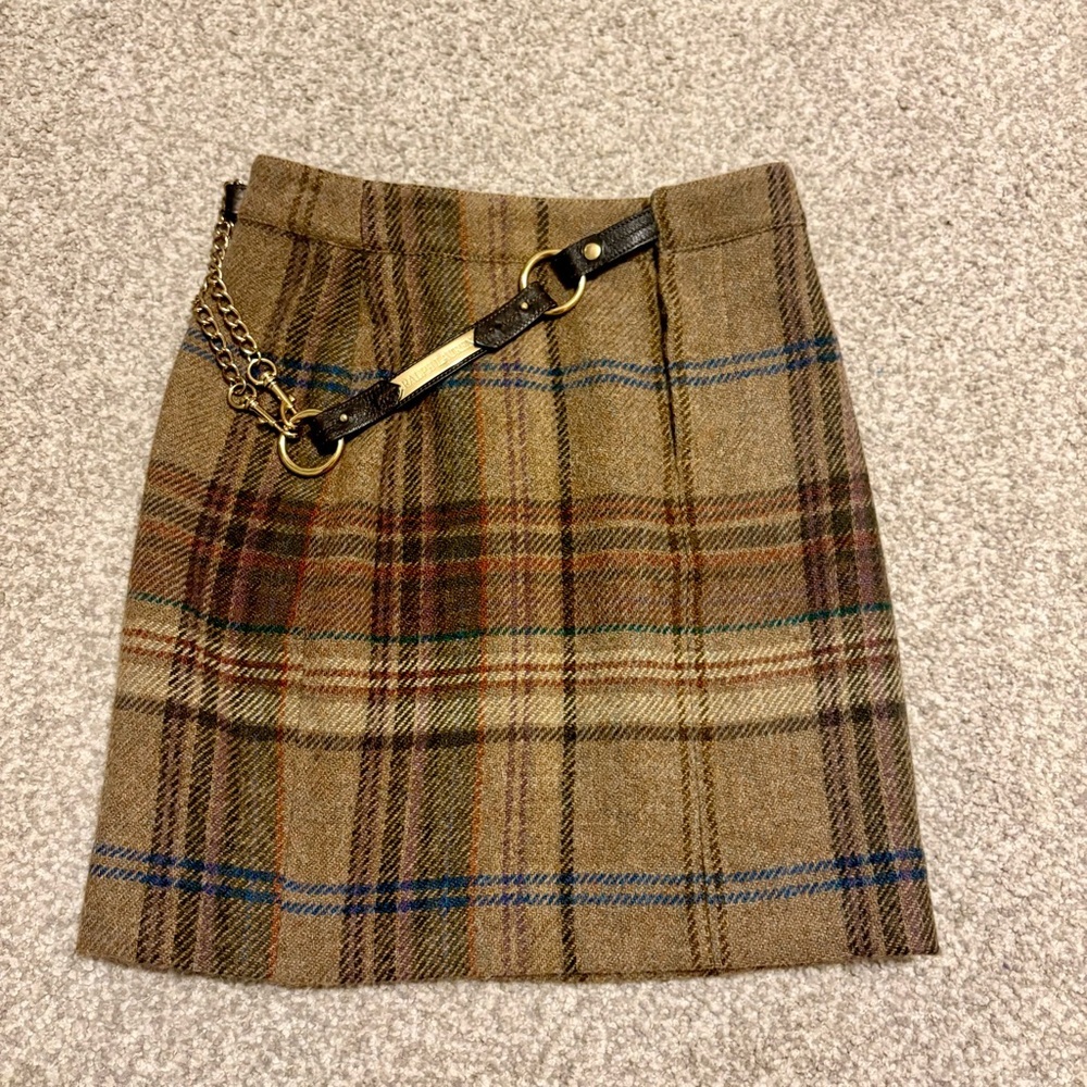 Vintage Ralph Lauren Plaid Wool Mini Skirt Leather Gold Chain Belt 90s y2k Prep - Picture 5 of 13